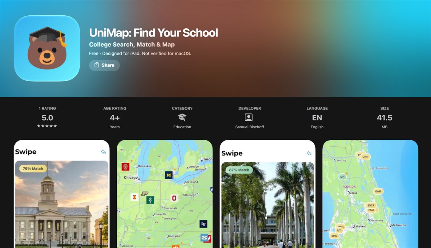 Screenshots of the UniMap college search app